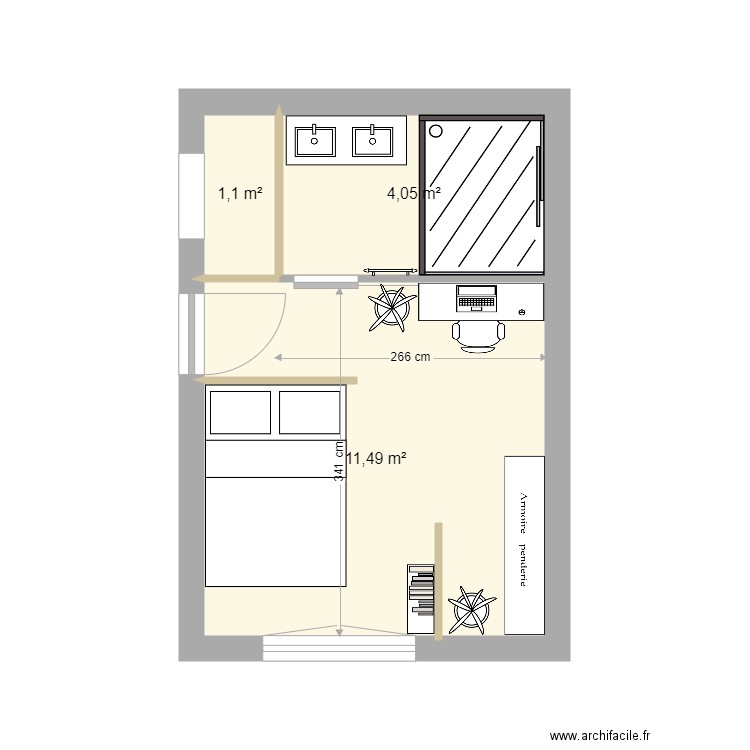 Chambre V4. Plan de 3 pièces et 17 m2