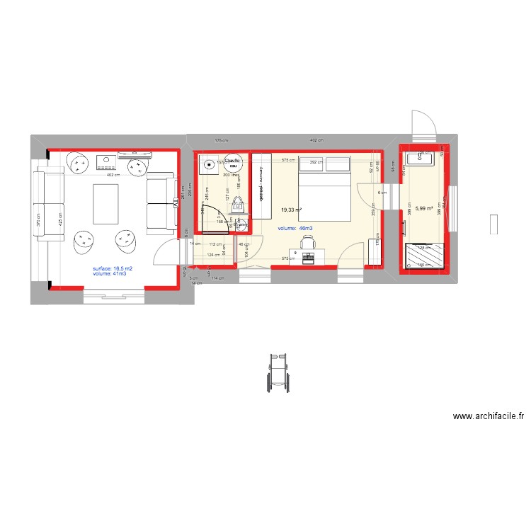 RDC meublé CHBRE 1 + SdE + SALON volumes (clim). Plan de 2 pièces et 25 m2