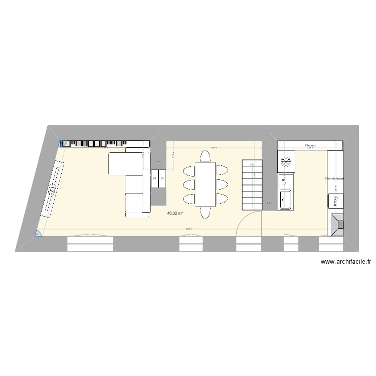 Cuisine Salon. Plan de 1 pièce et 43 m2