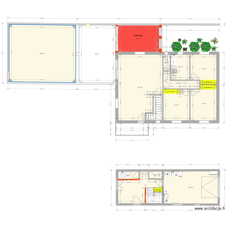 Extension. Plan de 15 pièces et 244 m2