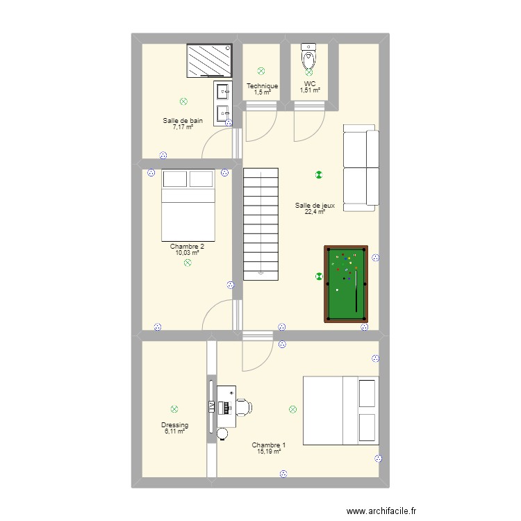 ETAGE. Plan de 7 pièces et 64 m2