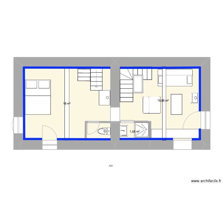 PM N1cuisine avec esc semi héli. Plan de 3 pièces et 36 m2