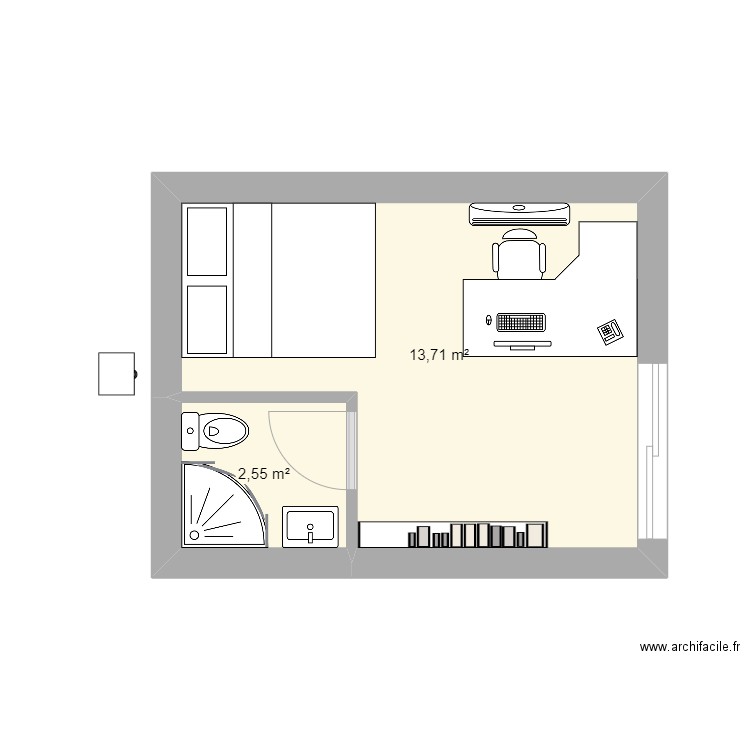 chambre_isolee. Plan de 2 pièces et 16 m2