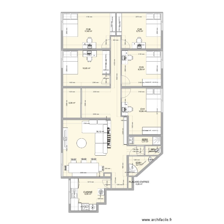 T7 Bellefontaine après travaux. Plan de 13 pièces et 103 m2