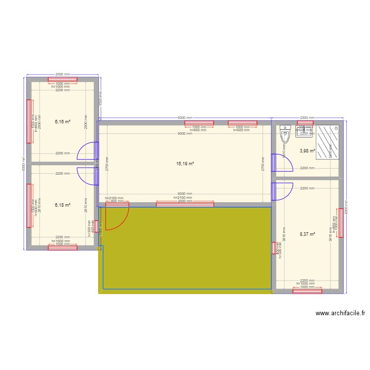 Жанна кривой. Plan de 6 pièces et 58 m2