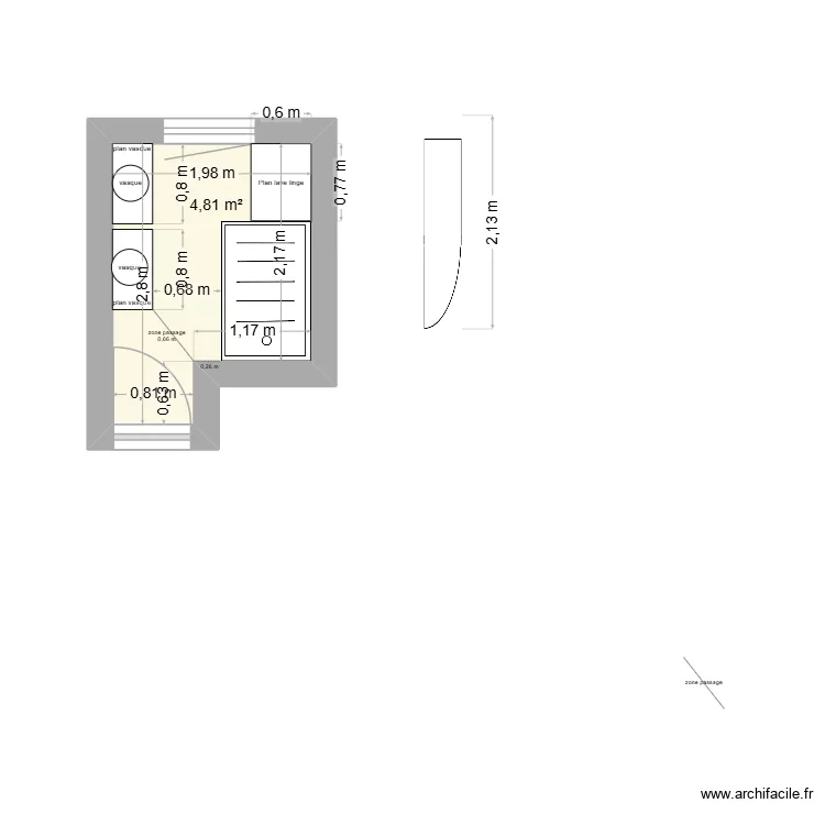 GIENS salle de bain. Plan de 1  et 5 m²