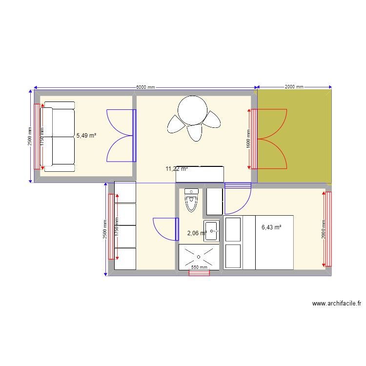 30 kr. Plan de 5 pièces et 30 m2