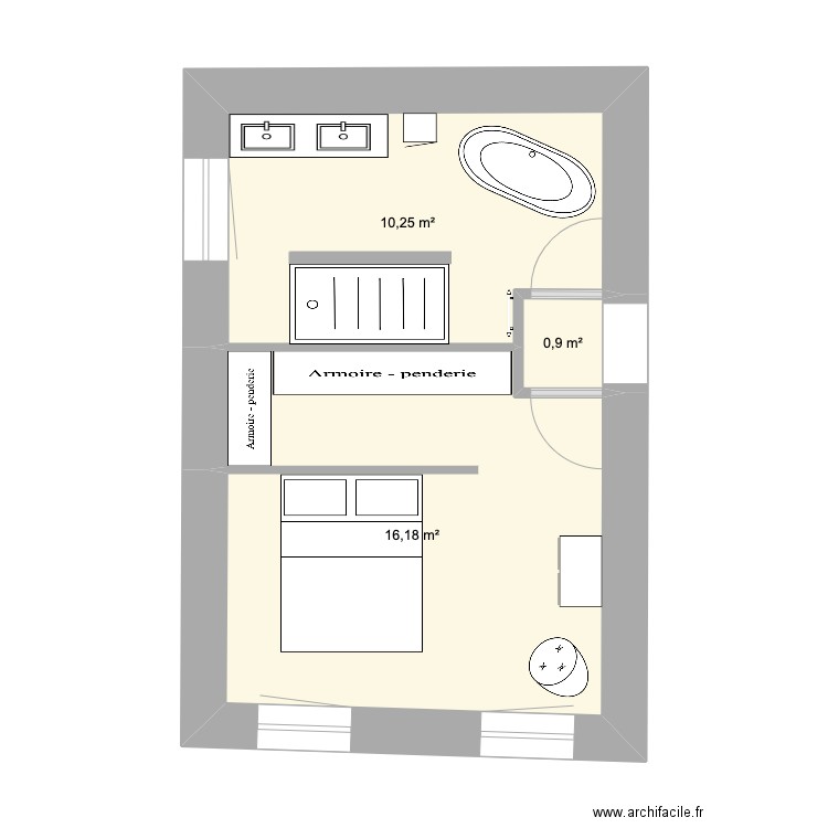 chambre + sdb. Plan de 3 pièces et 27 m2