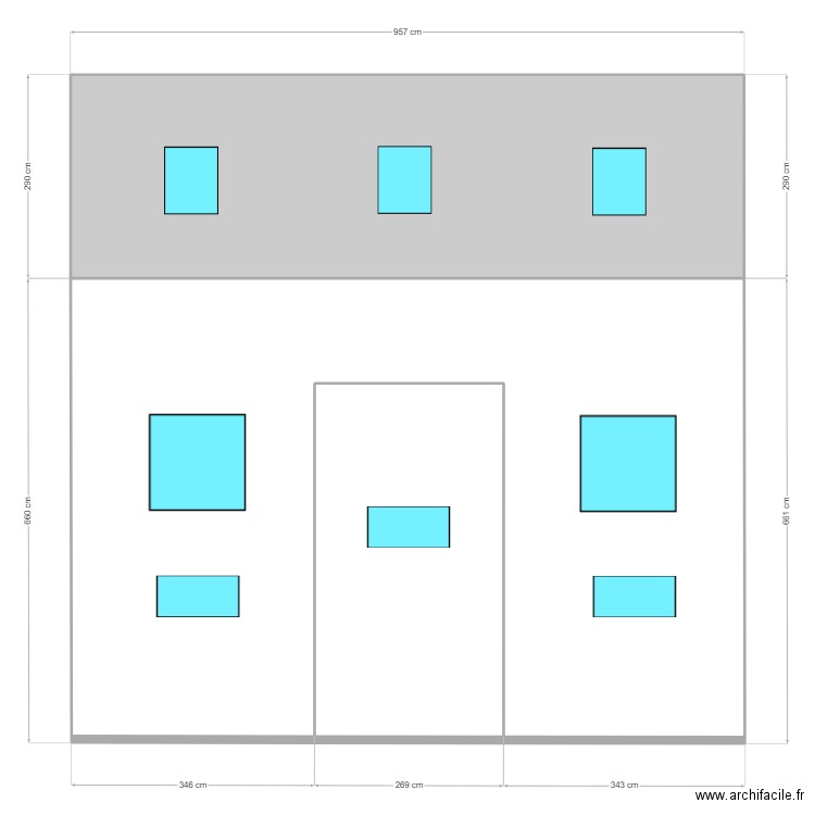 Facade Est1 avant travaux. Plan de 3 pièces et 90 m2