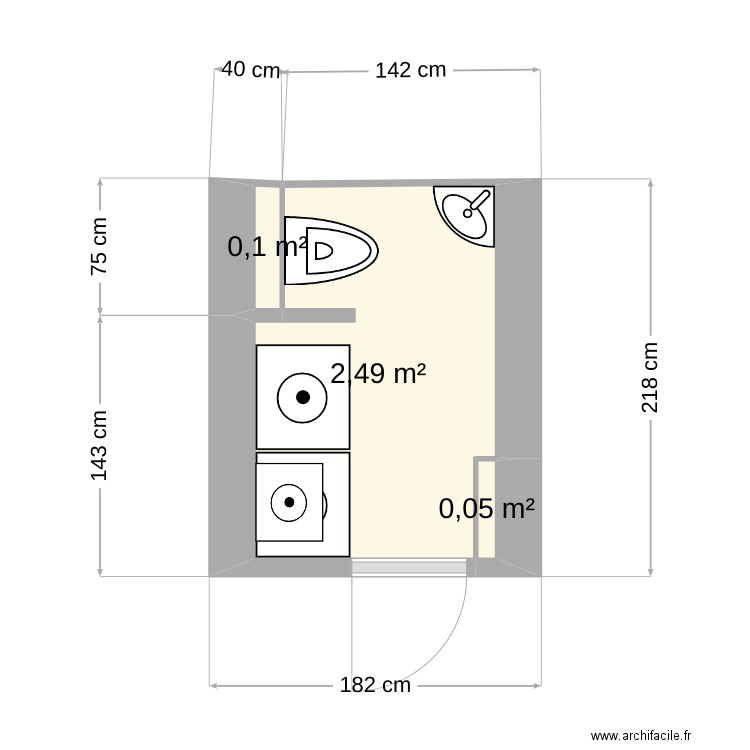 slle d'eau bas. Plan de 3 pièces et 3 m2