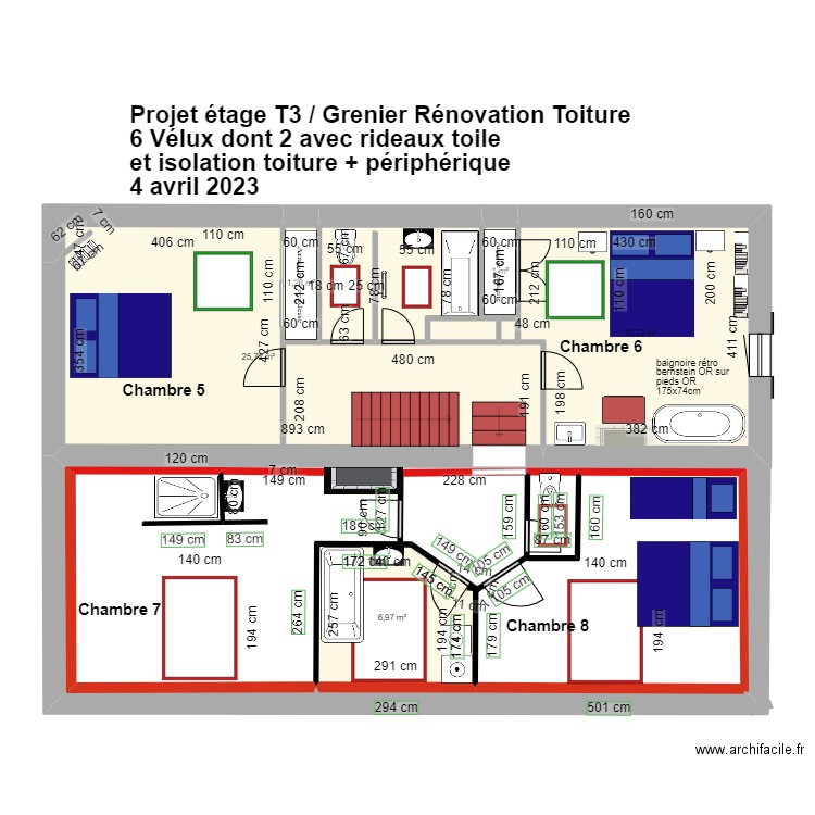 PProjet ETAGE T3 Réaménagement chambres 1 et 2. Plan de 8 pièces et 58 m2