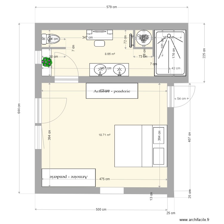 BROYE modif sdb 2. Plan de 3 pièces et 28 m2