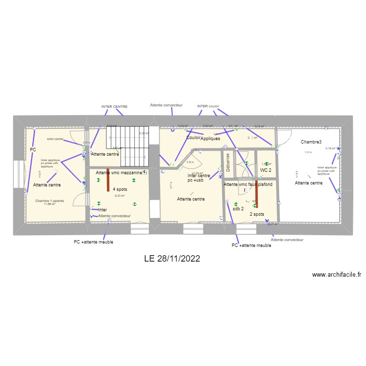 1 ETAGE 1 MONTIGNY electrécité . Plan de 15 pièces et 65 m2