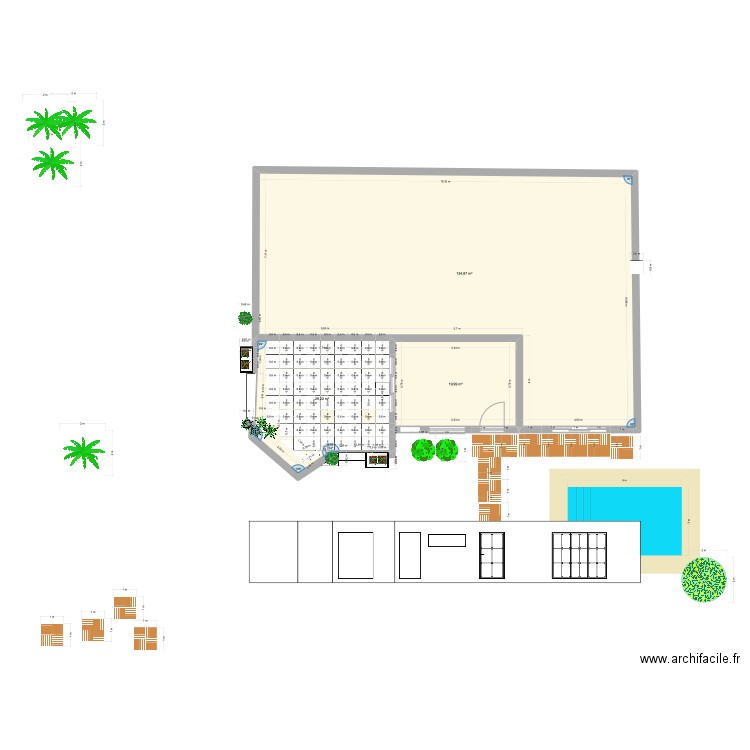 facade sud. Plan de 3 pièces et 184 m2