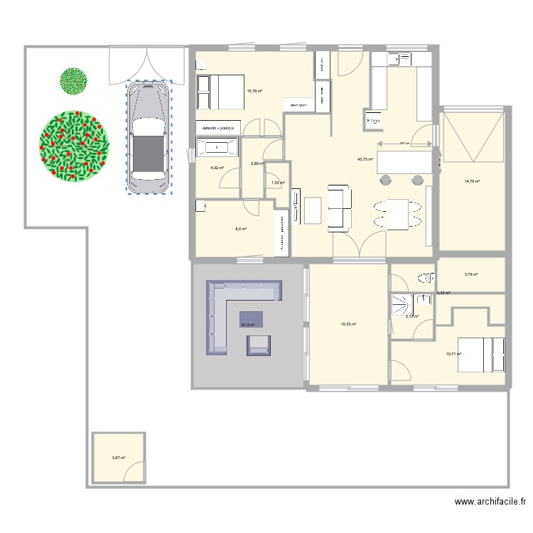 Maison extension et jardin. Plan de 14 pièces et 155 m2