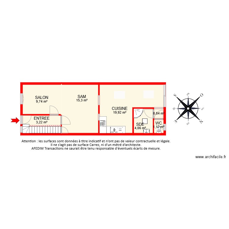 BI6501 RDC. Plan de 8 pièces et 56 m2