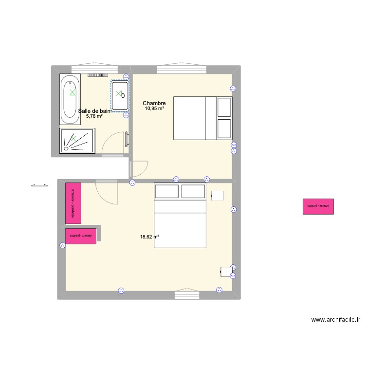 2e etage bois colombes. Plan de 3 pièces et 35 m2