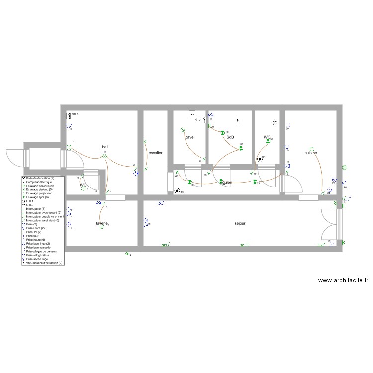  éclairage prise RdC lebonhomme. Plan de 11 pièces et 69 m2
