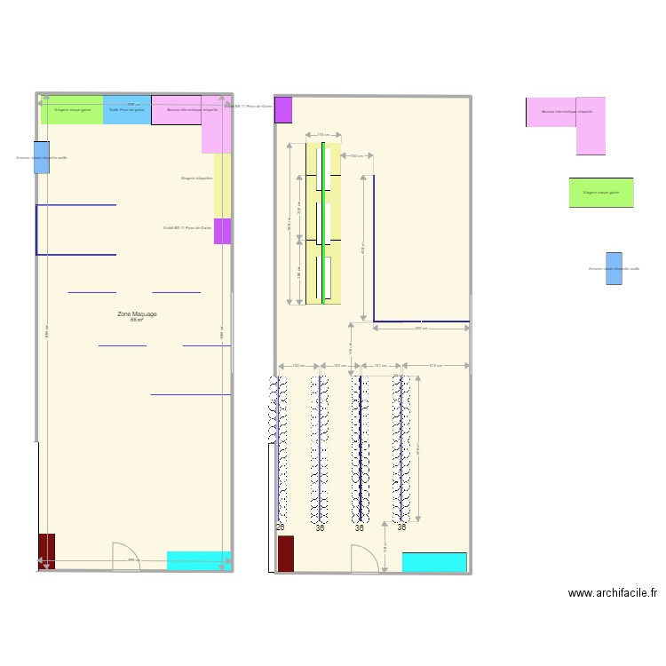 Zone marquage. Plan de 2 pièces et 176 m2