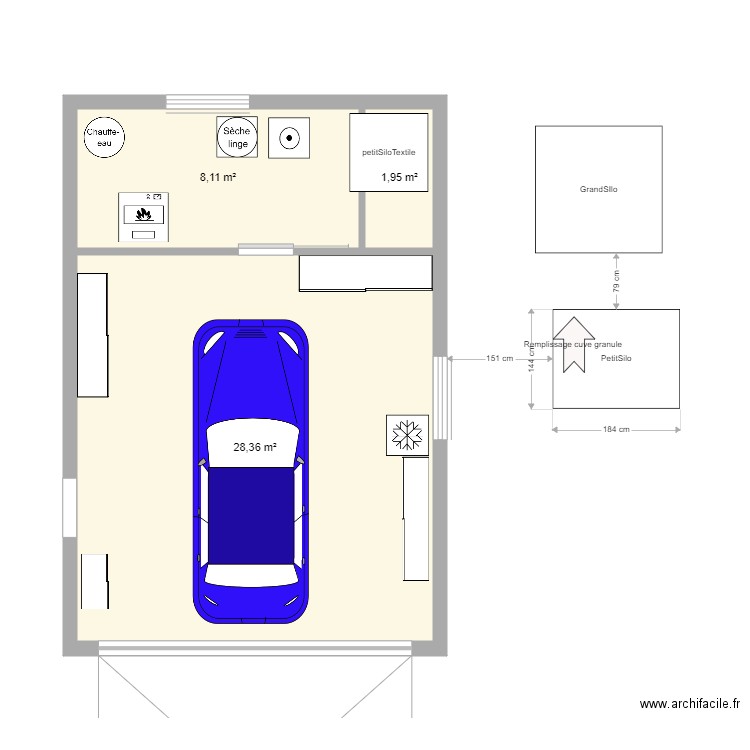 Garagev2. Plan de 3 pièces et 38 m2