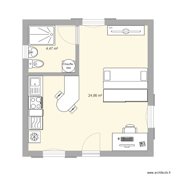 Studio. Plan de 2 pièces et 29 m2