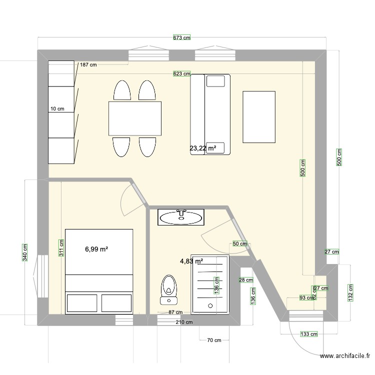 Saint Hilaire 1 V3. Plan de 3 pièces et 35 m2