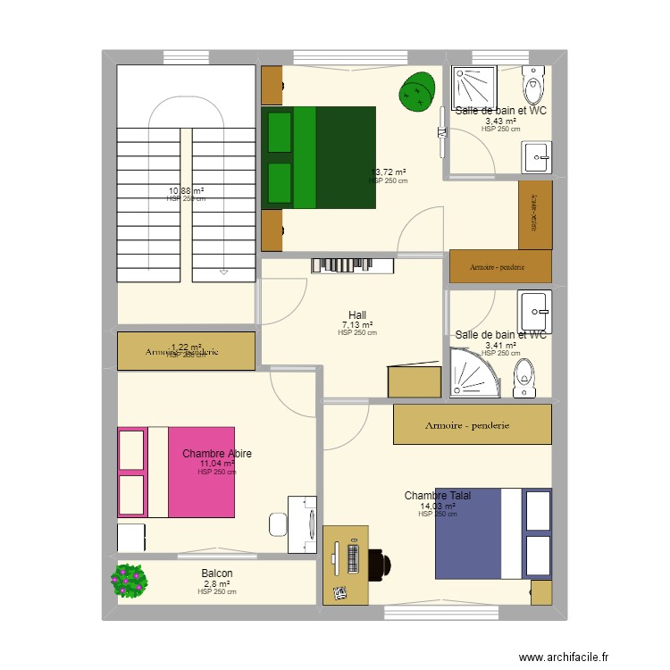 2e étage. Plan de 9 pièces et 68 m2