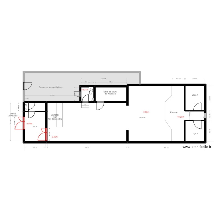 Club 27 Après travaux. Plan de 8 pièces et 147 m2