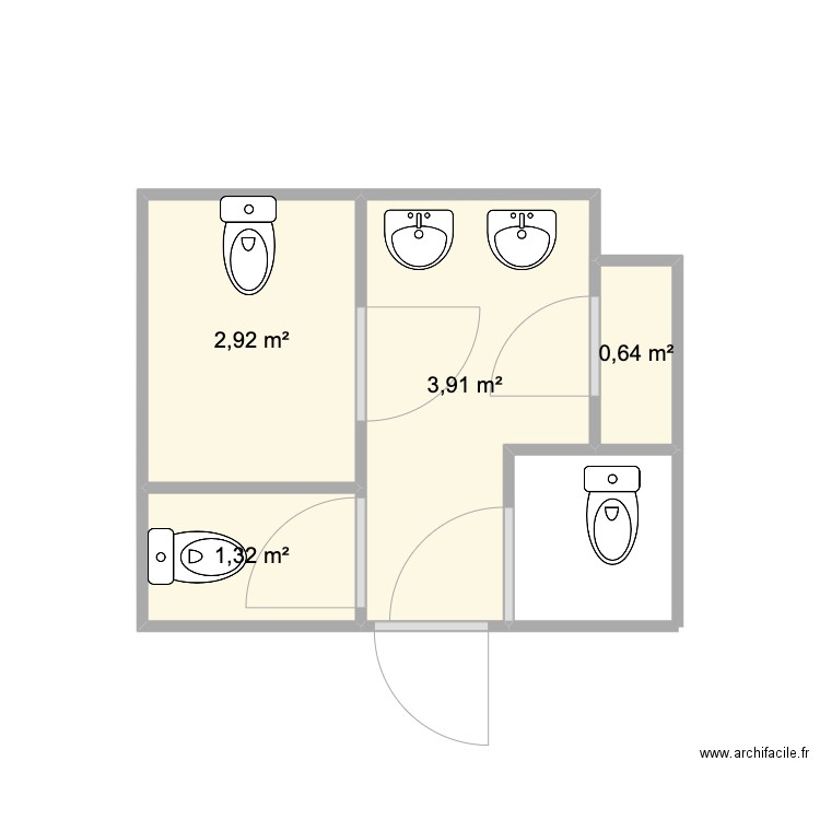 Toilettes Bureaux PCR. Plan de 4 pièces et 9 m2