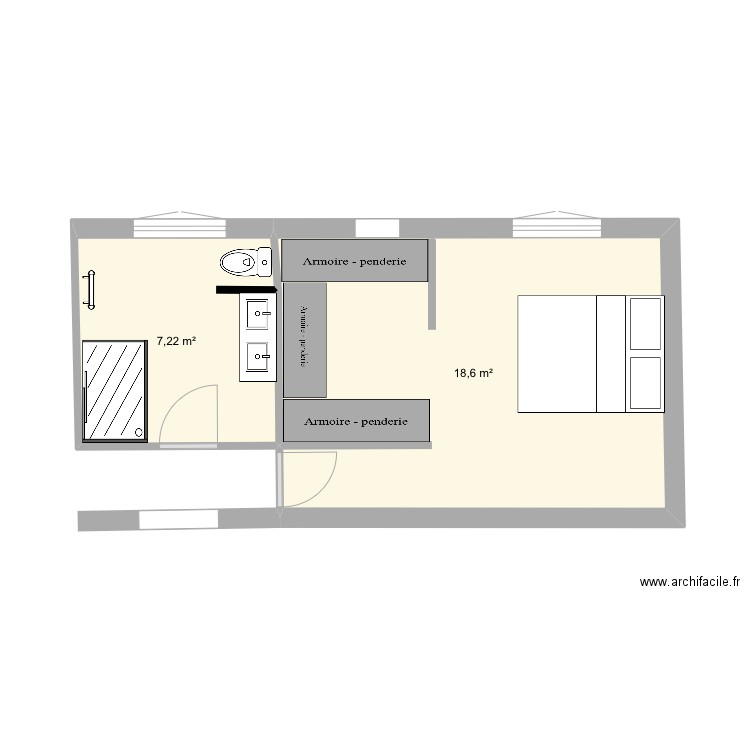 Chambre parentale. Plan de 2 pièces et 26 m2