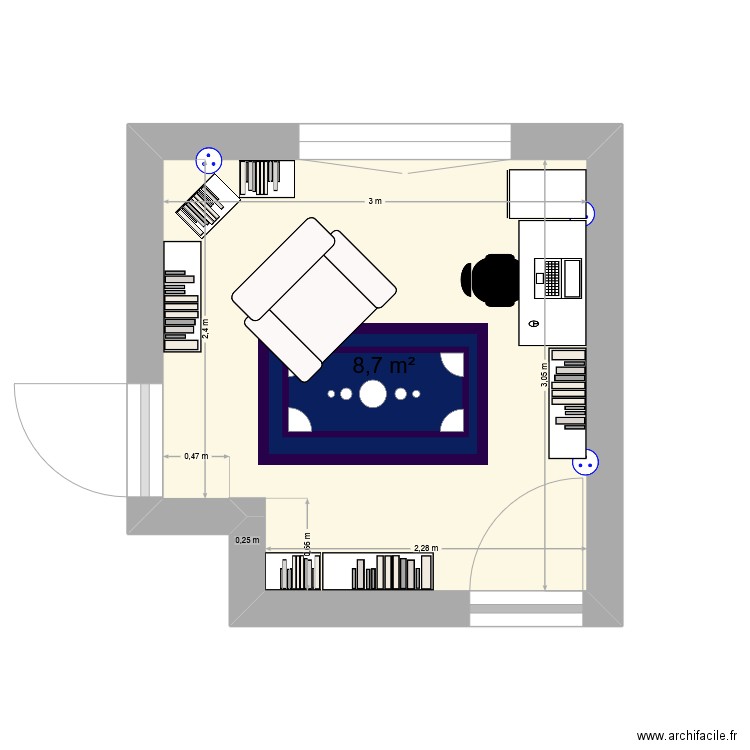 Bureau. Plan de 1 pièce et 9 m2