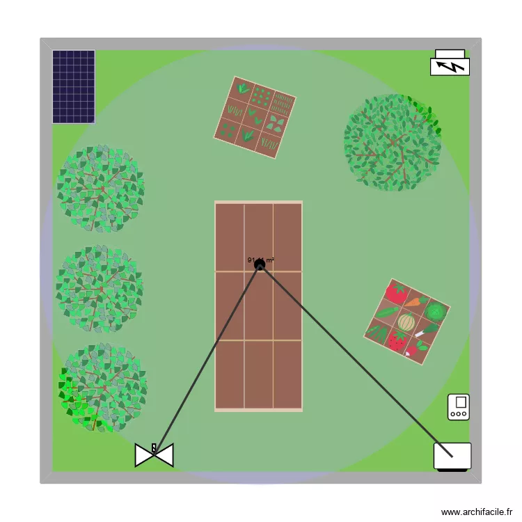 jardin partag&eacute;. Plan de 1  et 91 m²