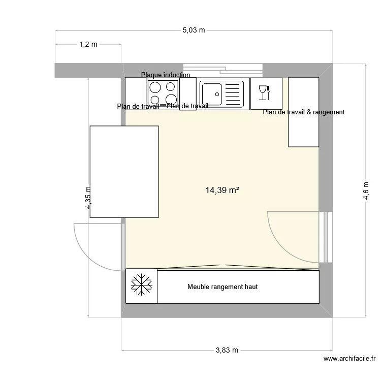 Cuisine. Plan de 1  et 14 m²