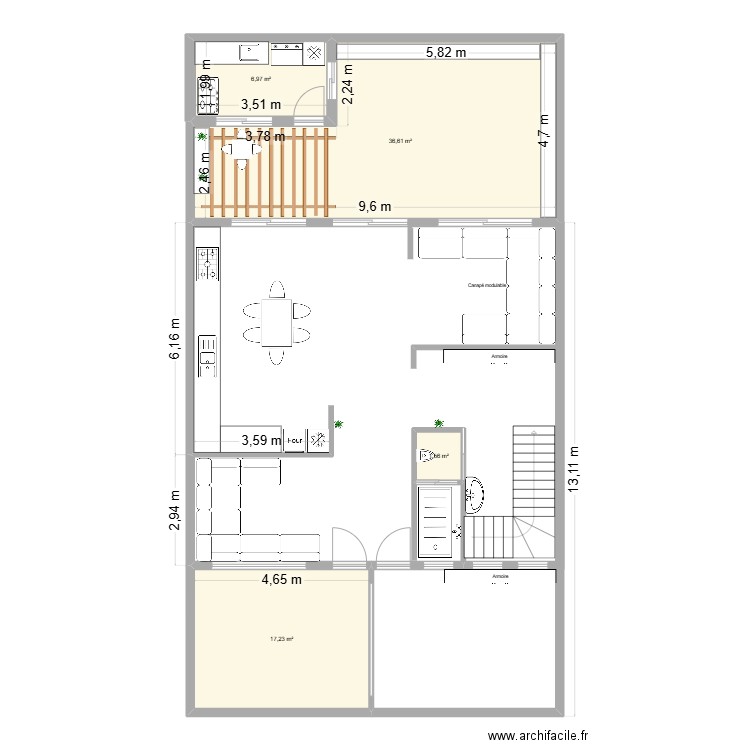 sous sol. Plan de 4 pièces et 62 m2