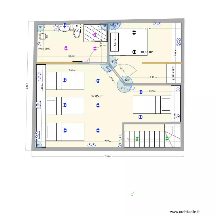 Etage V4. Plan de 2 pièces et 43 m²