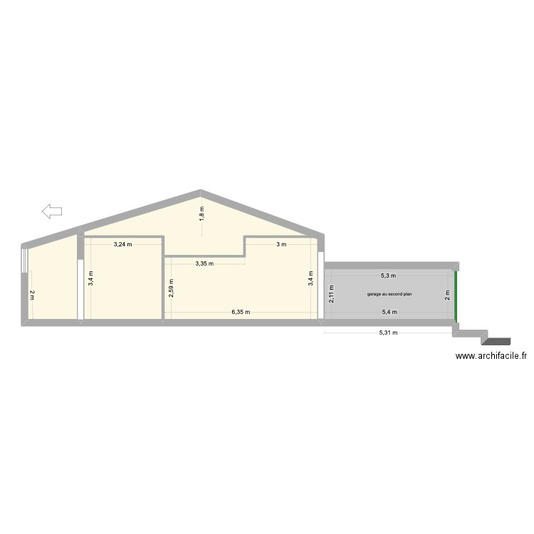 coupe avant. Plan de 5 pièces et 59 m2