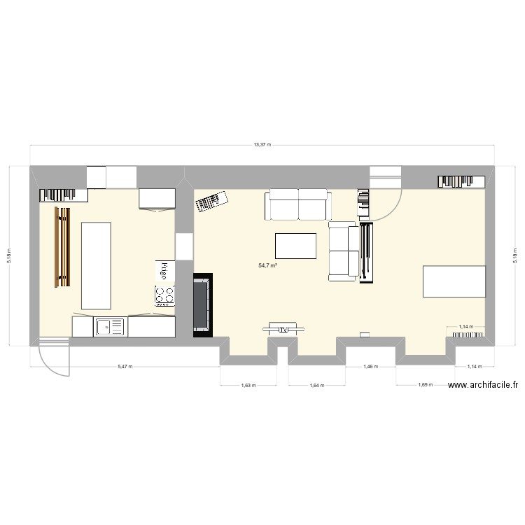 salon. Plan de 1 pièce et 55 m2