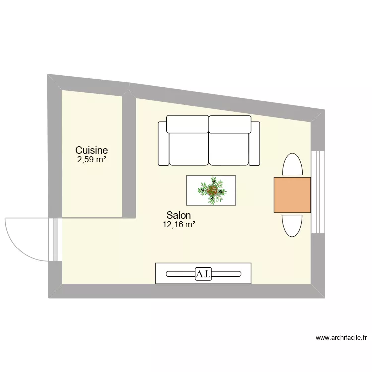 T2 LMP - Salon/Cuisine v2. Plan de 2 pièces et 15 m²