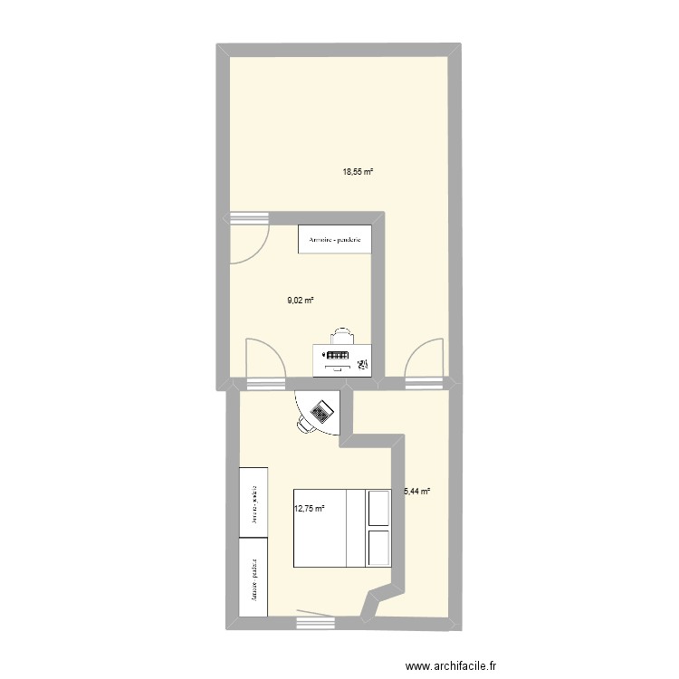 chambre arrière. Plan de 4 pièces et 46 m2
