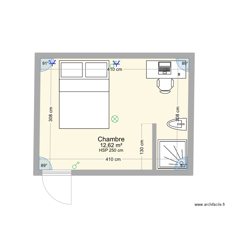 Chambre simple. Plan de 1 pièce et 13 m2