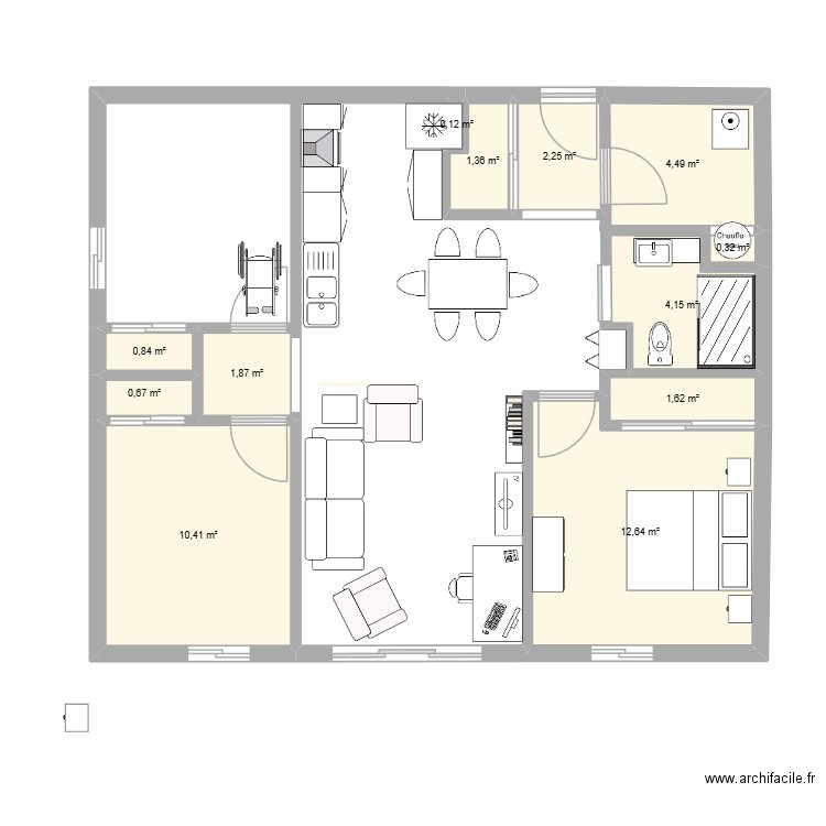 2 chambres. Plan de 12 pièces et 41 m2