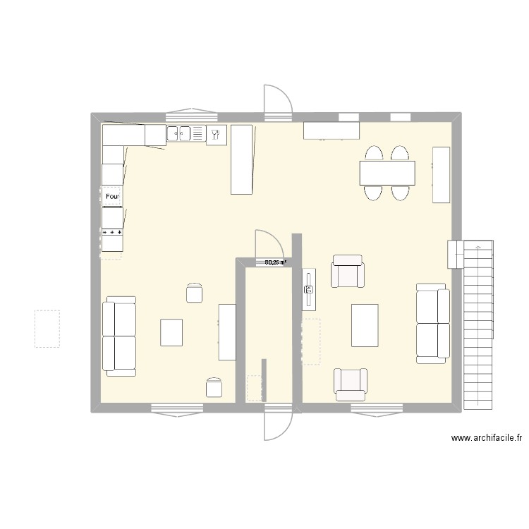 rdc. Plan de 1 pièce et 80 m2