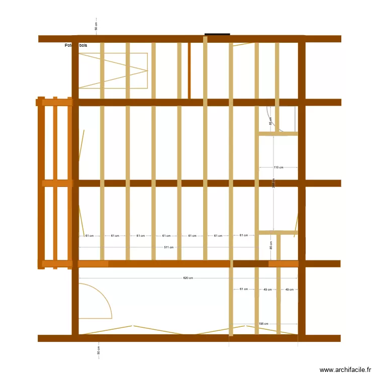 vue 3D reel. Plan de 2 pièces et 58 m²