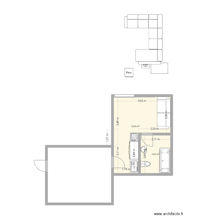 nani. Plan de 2 pièces et 21 m2