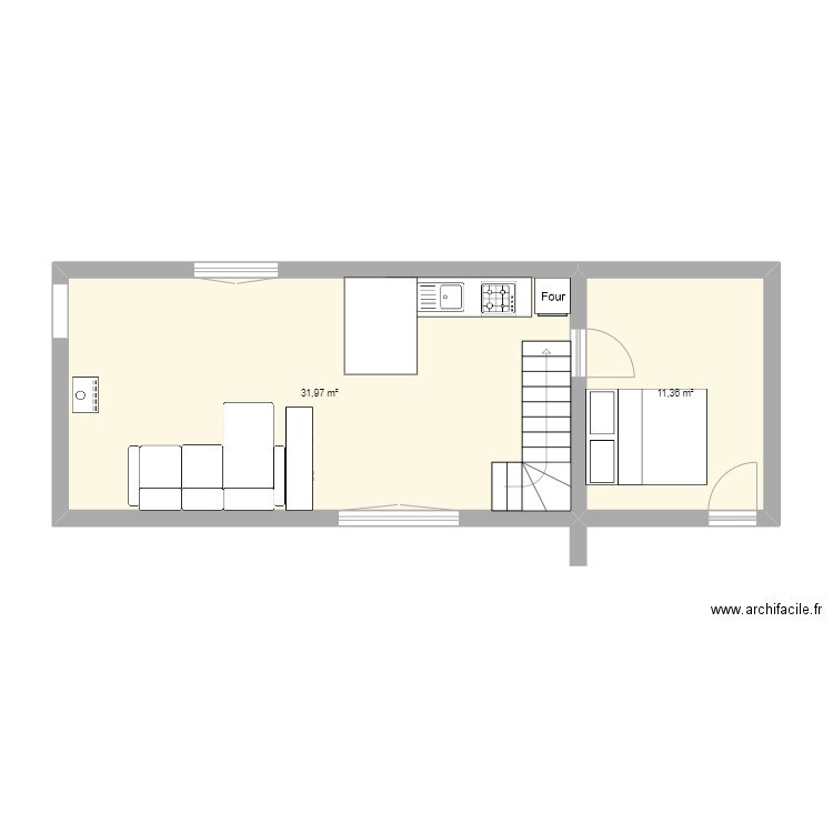 RDC. Plan de 2 pièces et 43 m2