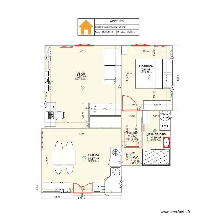 APPART N&deg;5 pi&egrave;ces am&eacute;nag&eacute;es DER. Plan de 7 pièces et 50 m²