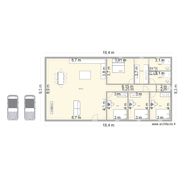 Niv.0. Plan de 9 pièces et 156 m2