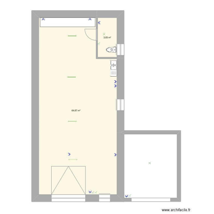 Sous sol Les Portes. Plan de 2 pièces et 69 m2