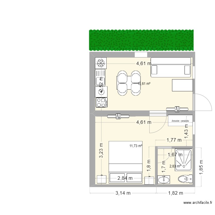 STUDIO PSB. Plan de 3 pièces et 26 m2