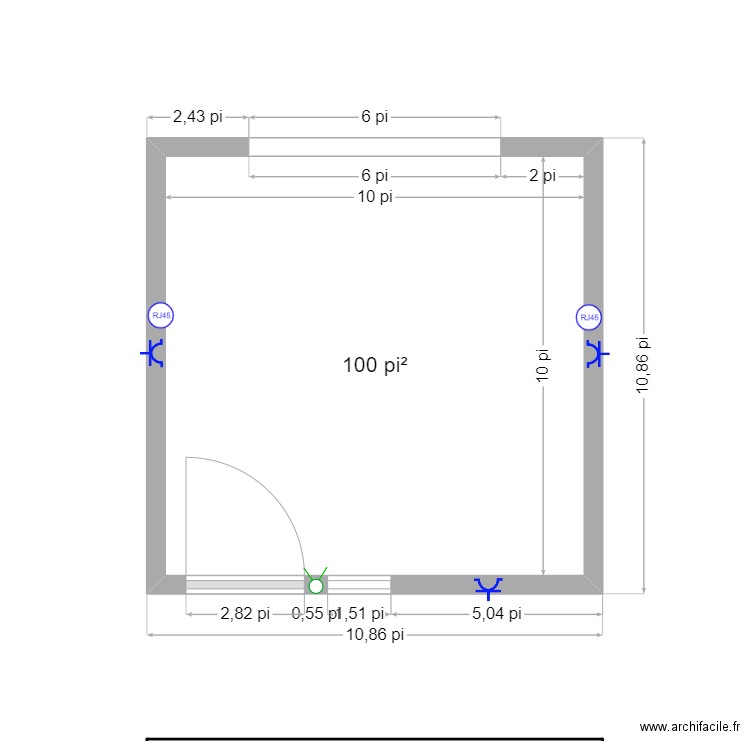 Bureau 10 X 10. Plan de 1 pièce et 9 m2